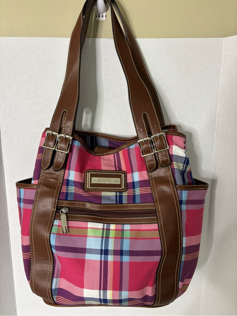 American Living Pink Plaid Tote with Brown Trim